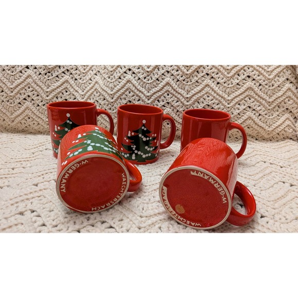Waechtersbach Christmas Tree Red Mug Set 5 Vintage W Germany Coffee Cups MCM - Picture 2 of 5